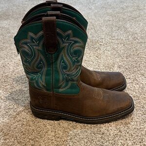 Georgia Boot Brown Leather Cowboy Boots with Teal Embroidered Shaft